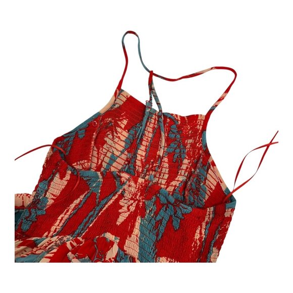 FREE PEOPLE Red & Blue Floral Halter Midi Dress Smocked Bodice  Asymmetrical Hem - Picture 2 of 10